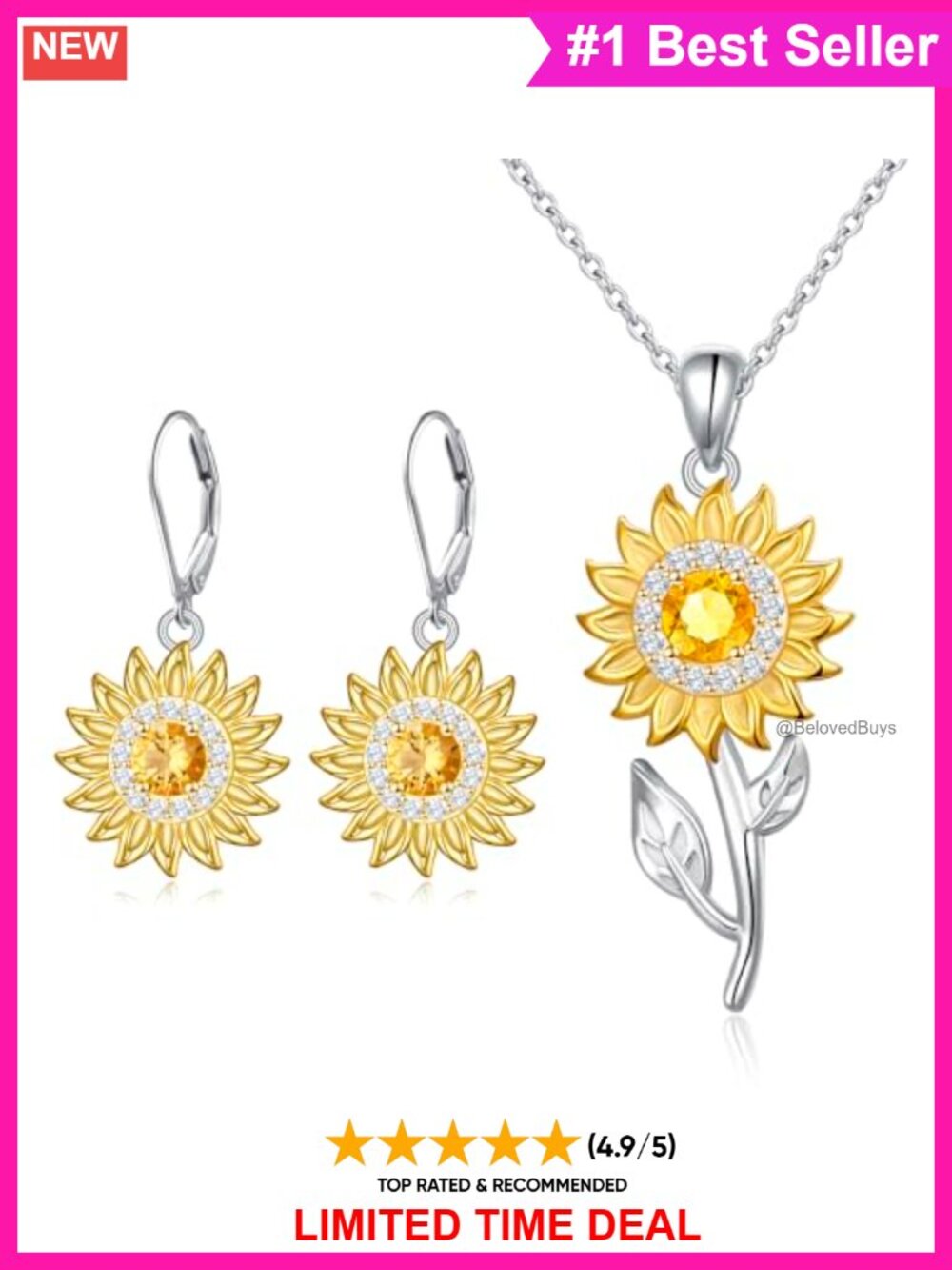 925 Sterling Silver Sunflower Pendant Necklace and Dangle Earrings Jewelry Set